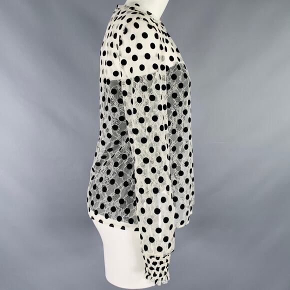 AKRIS Size 4 Off White Black Viscose Blend Polka Dot Collarless Blouse - Picture 3 of 8